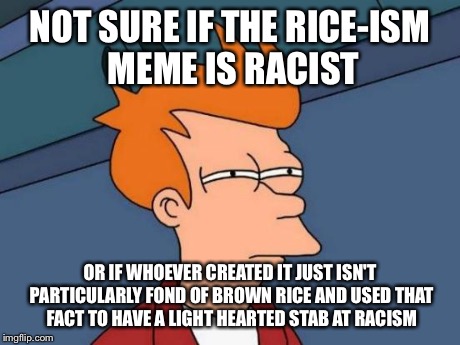 Futurama Fry | NOT SURE IF THE RICE-ISM MEME IS RACIST OR IF WHOEVER CREATED IT JUST ISN'T PARTICULARLY FOND OF BROWN RICE AND USED THAT FACT TO HAVE A LIG | image tagged in memes,futurama fry | made w/ Imgflip meme maker