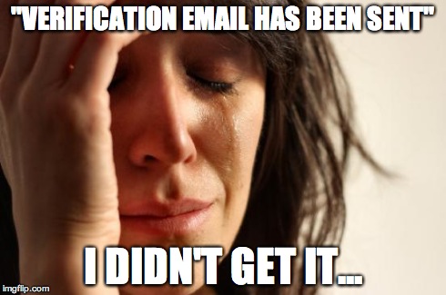 I can't even comment now. D: | "VERIFICATION EMAIL HAS BEEN SENT" I DIDN'T GET IT... | image tagged in memes,first world problems | made w/ Imgflip meme maker