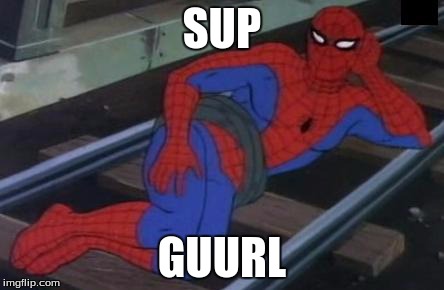 Sexy Railroad Spiderman Meme | SUP GUURL | image tagged in memes,sexy railroad spiderman,spiderman | made w/ Imgflip meme maker
