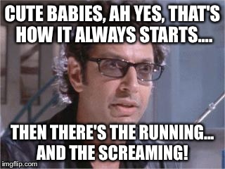 Jeff Goldblum | CUTE BABIES, AH YES, THAT'S HOW IT ALWAYS STARTS.... THEN THERE'S THE RUNNING... AND THE SCREAMING! | image tagged in jeff goldblum | made w/ Imgflip meme maker