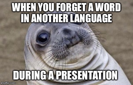Awkward Moment Sealion | WHEN YOU FORGET A WORD IN ANOTHER LANGUAGE DURING A PRESENTATION | image tagged in memes,awkward moment sealion | made w/ Imgflip meme maker