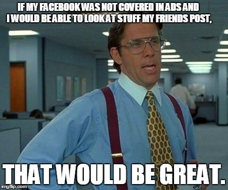 That Would Be Great | IF MY FACEBOOK WAS NOT COVERED IN ADS AND I WOULD BE ABLE TO LOOK AT STUFF MY FRIENDS POST, THAT WOULD BE GREAT. | image tagged in memes,that would be great | made w/ Imgflip meme maker