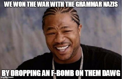 Yo Dawg Heard You | WE WON THE WAR WITH THE GRAMMAR NAZIS BY DROPPING AN F-BOMB ON THEM DAWG | image tagged in memes,yo dawg heard you | made w/ Imgflip meme maker