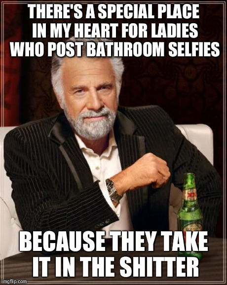The Most Interesting Man In The World | THERE'S A SPECIAL PLACE IN MY HEART FOR LADIES WHO POST BATHROOM SELFIES BECAUSE THEY TAKE IT IN THE SHITTER | image tagged in memes,the most interesting man in the world | made w/ Imgflip meme maker