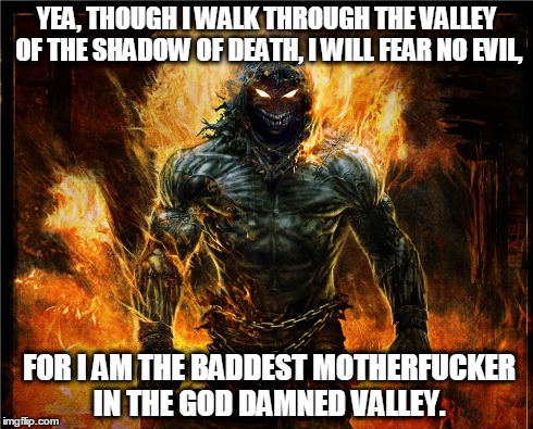 Valley of Wrath  | YEA, THOUGH I WALK THROUGH THE VALLEY OF THE SHADOW OF DEATH, I WILL FEAR NO EVIL, FOR I AM THE BADDEST MOTHERF**KER IN THE GO***AMNED VALLE | image tagged in evil,hell,fight,marines run towards the sound of chaos,death,destruction | made w/ Imgflip meme maker