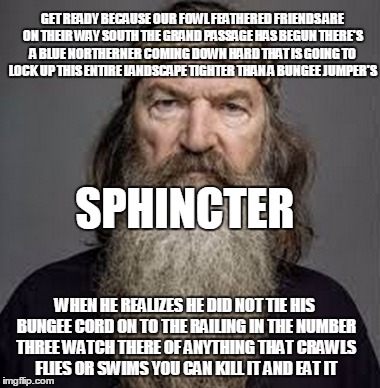 How's It Phil in the Woods? | GET READY BECAUSE OUR FOWL FEATHERED FRIENDS ARE ON THEIR WAY SOUTH THE GRAND PASSAGE HAS BEGUN THERE'S A BLUE NORTHERNER COMING DOWN HARD T | image tagged in duck dynasty,phil robertson,how's it phil in the woods,sphincter,bungee jumper's | made w/ Imgflip meme maker