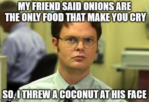 Dwight Schrute Meme | MY FRIEND SAID ONIONS ARE THE ONLY FOOD THAT MAKE YOU CRY SO, I THREW A COCONUT AT HIS FACE | image tagged in memes,dwight schrute | made w/ Imgflip meme maker