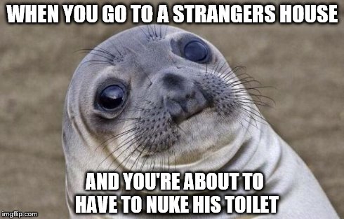 Awkward Moment Sealion Meme | WHEN YOU GO TO A STRANGERS HOUSE AND YOU'RE ABOUT TO HAVE TO NUKE HIS TOILET | image tagged in memes,awkward moment sealion | made w/ Imgflip meme maker