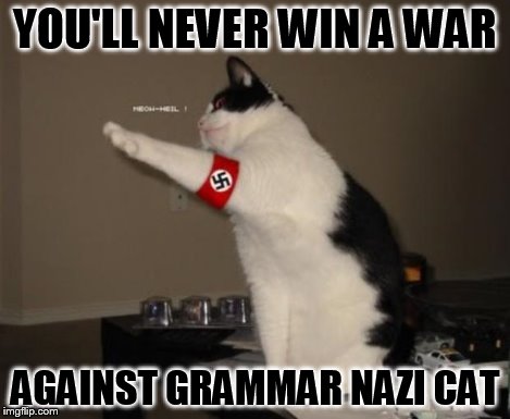 Nazi salute cat | YOU'LL NEVER WIN A WAR AGAINST GRAMMAR NAZI CAT | image tagged in nazi salute cat | made w/ Imgflip meme maker