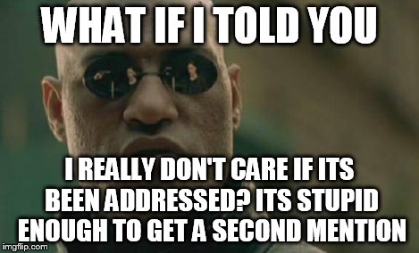 Matrix Morpheus Meme | WHAT IF I TOLD YOU I REALLY DON'T CARE IF ITS BEEN ADDRESSED? ITS STUPID ENOUGH TO GET A SECOND MENTION | image tagged in memes,matrix morpheus | made w/ Imgflip meme maker