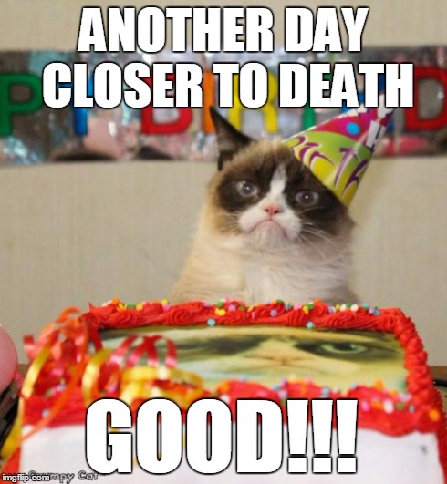 Grumpy Cat Birthday Meme | ANOTHER DAY CLOSER TO DEATH GOOD!!! | image tagged in memes,grumpy cat birthday | made w/ Imgflip meme maker