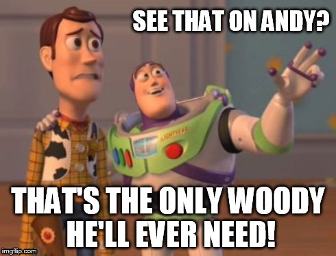 X, X Everywhere Meme | SEE THAT ON ANDY? THAT'S THE ONLY WOODY HE'LL EVER NEED! | image tagged in memes,x x everywhere | made w/ Imgflip meme maker