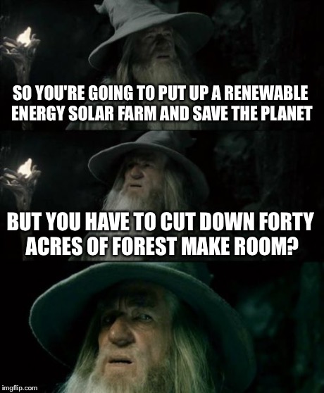 In my community they're wiping out entire forests to put in solar farms | SO YOU'RE GOING TO PUT UP A RENEWABLE ENERGY SOLAR FARM AND SAVE THE PLANET BUT YOU HAVE TO CUT DOWN FORTY ACRES OF FOREST MAKE ROOM? | image tagged in memes,confused gandalf,renewable energy | made w/ Imgflip meme maker