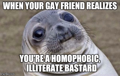 Awkward Moment Sealion Meme | WHEN YOUR GAY FRIEND REALIZES YOU'RE A HOMOPHOBIC,  ILLITERATE BASTARD | image tagged in memes,awkward moment sealion | made w/ Imgflip meme maker