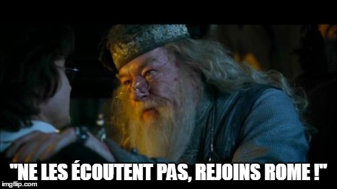 Angry Dumbledore Meme | "NE LES ÉCOUTENT PAS, REJOINS ROME !" | image tagged in memes,angry dumbledore | made w/ Imgflip meme maker