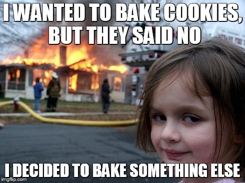 Disaster Girl Meme | I WANTED TO BAKE COOKIES, BUT THEY SAID NO I DECIDED TO BAKE SOMETHING ELSE | image tagged in memes,disaster girl | made w/ Imgflip meme maker
