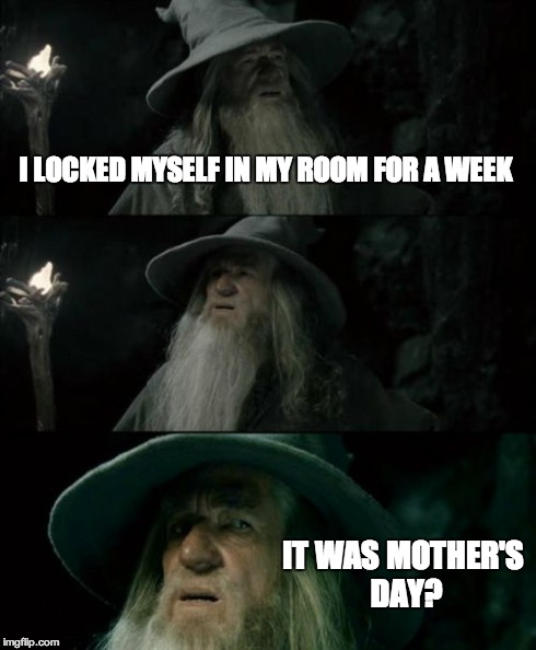Confused Gandalf | I LOCKED MYSELF IN MY ROOM FOR A WEEK IT WAS MOTHER'S DAY? | image tagged in memes,confused gandalf | made w/ Imgflip meme maker