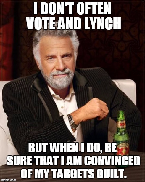 The Most Interesting Man In The World Meme | I DON'T OFTEN VOTE AND LYNCH BUT WHEN I DO, BE SURE THAT I AM CONVINCED OF MY TARGETS GUILT. | image tagged in memes,the most interesting man in the world | made w/ Imgflip meme maker