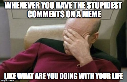Captain Picard Facepalm | WHENEVER YOU HAVE THE STUPIDEST COMMENTS ON A MEME LIKE WHAT ARE YOU DOING WITH YOUR LIFE | image tagged in memes,captain picard facepalm | made w/ Imgflip meme maker