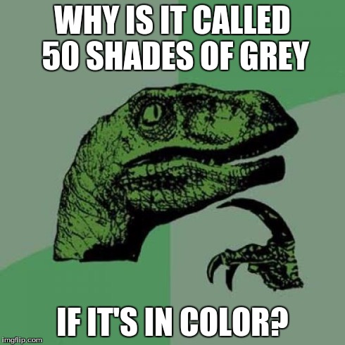 Philosoraptor | WHY IS IT CALLED 50 SHADES OF GREY IF IT'S IN COLOR? | image tagged in memes,philosoraptor | made w/ Imgflip meme maker
