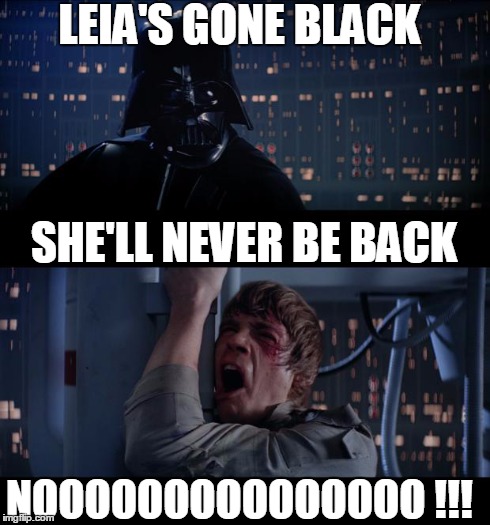 Galactic Miscegenation 

(Relax people - it is meant to be humorous) | LEIA'S GONE BLACK NOOOOOOOOOOOOOOO !!! SHE'LL NEVER BE BACK | image tagged in memes,star wars no | made w/ Imgflip meme maker