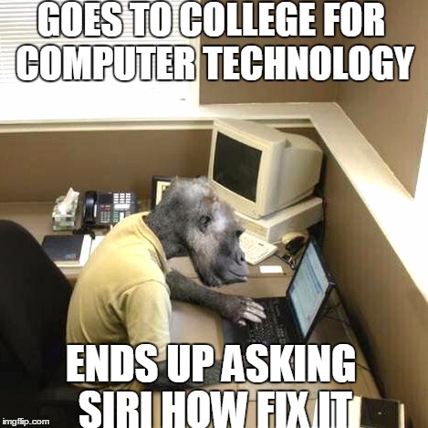 Monkey Business Meme | GOES TO COLLEGE FOR COMPUTER TECHNOLOGY ENDS UP ASKING SIRI HOW FIX IT | image tagged in memes,monkey business | made w/ Imgflip meme maker