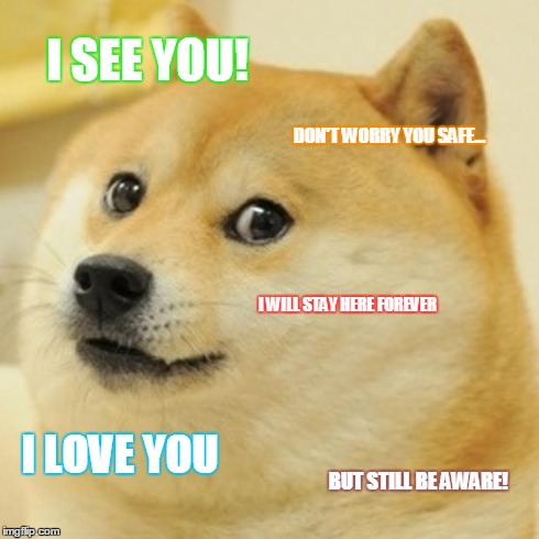 Doge Meme | I SEE YOU! DON'T WORRY YOU SAFE... I WILL STAY HERE FOREVER I LOVE YOU BUT STILL BE AWARE! | image tagged in memes,doge | made w/ Imgflip meme maker