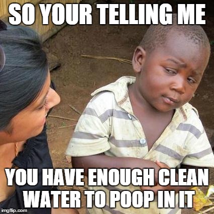 Third World Skeptical Kid | SO YOUR TELLING ME YOU HAVE ENOUGH CLEAN WATER TO POOP IN IT | image tagged in memes,third world skeptical kid | made w/ Imgflip meme maker