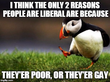 Unpopular Opinion Puffin | I THINK THE ONLY 2 REASONS PEOPLE ARE LIBERAL ARE BECAUSE THEY'ER POOR, OR THEY'ER GAY | image tagged in memes,unpopular opinion puffin | made w/ Imgflip meme maker