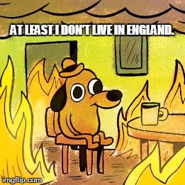 Dog in burning house | AT LEAST I DON'T LIVE IN ENGLAND. | image tagged in dog in burning house | made w/ Imgflip meme maker