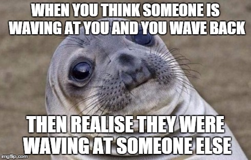 Awkward Moment Sealion Meme | WHEN YOU THINK SOMEONE IS WAVING AT YOU AND YOU WAVE BACK THEN REALISE THEY WERE WAVING AT SOMEONE ELSE | image tagged in memes,awkward moment sealion | made w/ Imgflip meme maker