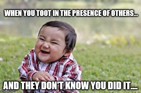 Evil Toddler | WHEN YOU TOOT IN THE PRESENCE OF OTHERS... AND THEY DON'T KNOW YOU DID IT.... | image tagged in memes,evil toddler | made w/ Imgflip meme maker