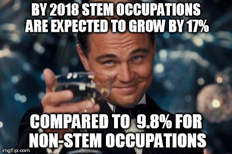 Leonardo Dicaprio Cheers Meme | BY 2018 STEM OCCUPATIONS ARE EXPECTED TO GROW BY 17% COMPARED TO  9.8% FOR NON-STEM OCCUPATIONS | image tagged in memes,leonardo dicaprio cheers | made w/ Imgflip meme maker