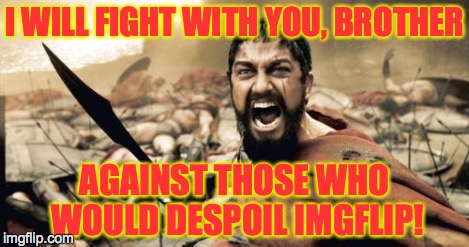 Sparta Leonidas | I WILL FIGHT WITH YOU, BROTHER AGAINST THOSE WHO WOULD DESPOIL IMGFLIP! | image tagged in memes,sparta leonidas | made w/ Imgflip meme maker