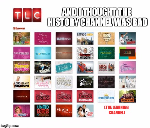 TLC shows | (THE LEARNING CHANNEL) AND I THOUGHT THE HISTORY CHANNEL WAS BAD | image tagged in tlc shows,tlc,history channel | made w/ Imgflip meme maker