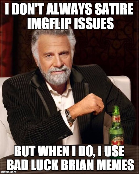 The Most Interesting Man In The World Meme | I DON'T ALWAYS SATIRE IMGFLIP ISSUES BUT WHEN I DO, I USE BAD LUCK BRIAN MEMES | image tagged in memes,the most interesting man in the world | made w/ Imgflip meme maker