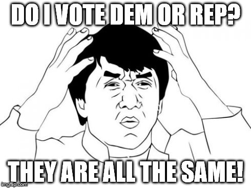 Jackie Chan WTF Meme | DO I VOTE DEM OR REP? THEY ARE ALL THE SAME! | image tagged in memes,jackie chan wtf | made w/ Imgflip meme maker