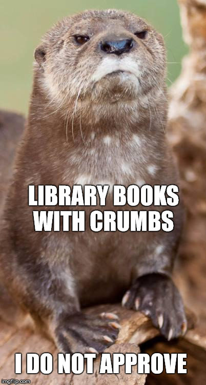 Disapproving Otter | LIBRARY BOOKS WITH CRUMBS I DO NOT APPROVE | image tagged in disapproving otter | made w/ Imgflip meme maker