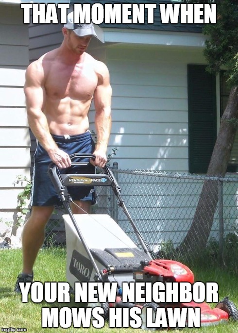 HOT NEIGHBOR | THAT MOMENT WHEN YOUR NEW NEIGHBOR MOWS HIS LAWN | image tagged in that moment when,sexy,sexual,men | made w/ Imgflip meme maker
