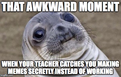 Awkward Moment Sealion Meme | THAT AWKWARD MOMENT WHEN YOUR TEACHER CATCHES YOU MAKING MEMES SECRETLY INSTEAD OF WORKING | image tagged in memes,awkward moment sealion | made w/ Imgflip meme maker