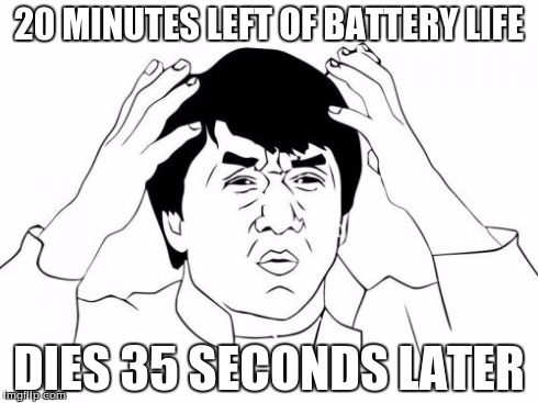 Jackie Chan WTF | 20 MINUTES LEFT OF BATTERY LIFE DIES 35 SECONDS LATER | image tagged in memes,jackie chan wtf | made w/ Imgflip meme maker