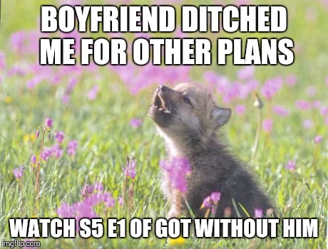 Baby Insanity Wolf Meme | BOYFRIEND DITCHED ME FOR OTHER PLANS WATCH S5 E1 OF GOT WITHOUT HIM | image tagged in memes,baby insanity wolf,AdviceAnimals | made w/ Imgflip meme maker