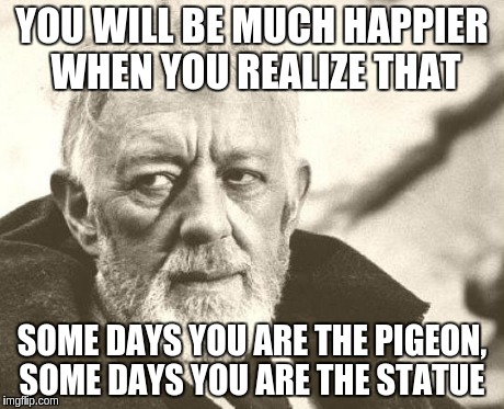 OBI WAN IS DISAPPOINTED IN YOU | YOU WILL BE MUCH HAPPIER WHEN YOU REALIZE THAT SOME DAYS YOU ARE THE PIGEON, SOME DAYS YOU ARE THE STATUE | image tagged in obi wan is disappointed | made w/ Imgflip meme maker