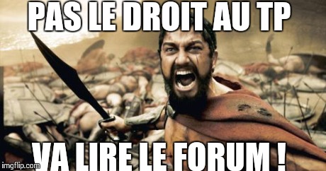 Sparta Leonidas Meme | PAS LE DROIT AU TP VA LIRE LE FORUM ! | image tagged in memes,sparta leonidas | made w/ Imgflip meme maker