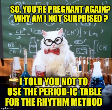 Chemistry Cat | SO, YOU'RE PREGNANT AGAIN? WHY AM I NOT SURPRISED ? I TOLD YOU NOT TO USE THE PERIOD-IC TABLE FOR THE RHYTHM METHOD | image tagged in memes,chemistry cat | made w/ Imgflip meme maker