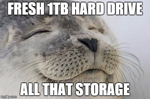 Satisfied Seal Meme | FRESH 1TB HARD DRIVE ALL THAT STORAGE | image tagged in memes,satisfied seal,AdviceAnimals | made w/ Imgflip meme maker