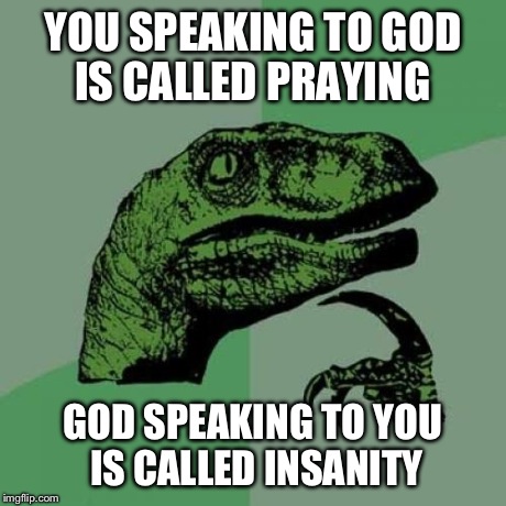 Philosoraptor Meme | YOU SPEAKING TO GOD IS CALLED PRAYING GOD SPEAKING TO YOU IS CALLED INSANITY | image tagged in memes,philosoraptor | made w/ Imgflip meme maker