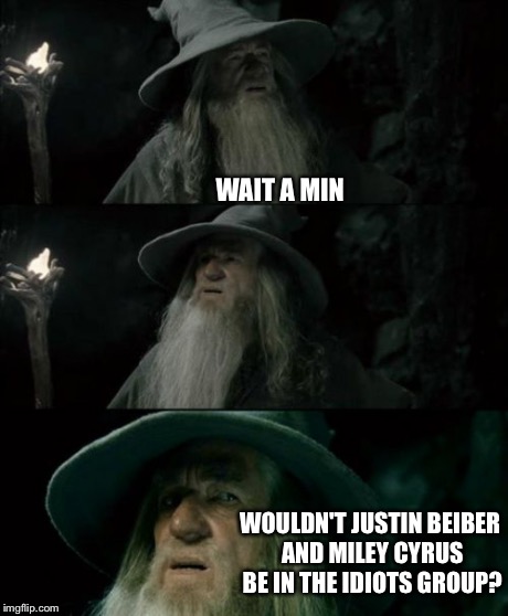 Confused Gandalf Meme | WAIT A MIN WOULDN'T JUSTIN BEIBER AND MILEY CYRUS BE IN THE IDIOTS GROUP? | image tagged in memes,confused gandalf | made w/ Imgflip meme maker