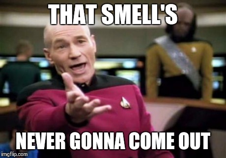 Picard Wtf Meme | THAT SMELL'S NEVER GONNA COME OUT | image tagged in memes,picard wtf | made w/ Imgflip meme maker