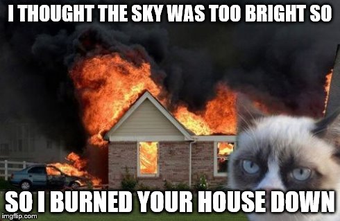 Burn Kitty Meme | I THOUGHT THE SKY WAS TOO BRIGHT SO SO I BURNED YOUR HOUSE DOWN | image tagged in memes,burn kitty | made w/ Imgflip meme maker